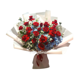Buket Bunga Rose Merah Hortensia Biru Mix